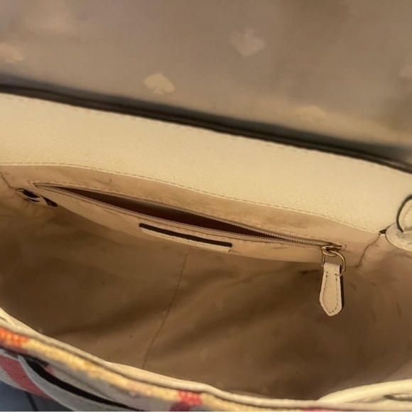 Kate ♠️ Spade White Pebbled Leather Backpack w/ pink, orange, brown fabric front - Picture 15 of 16